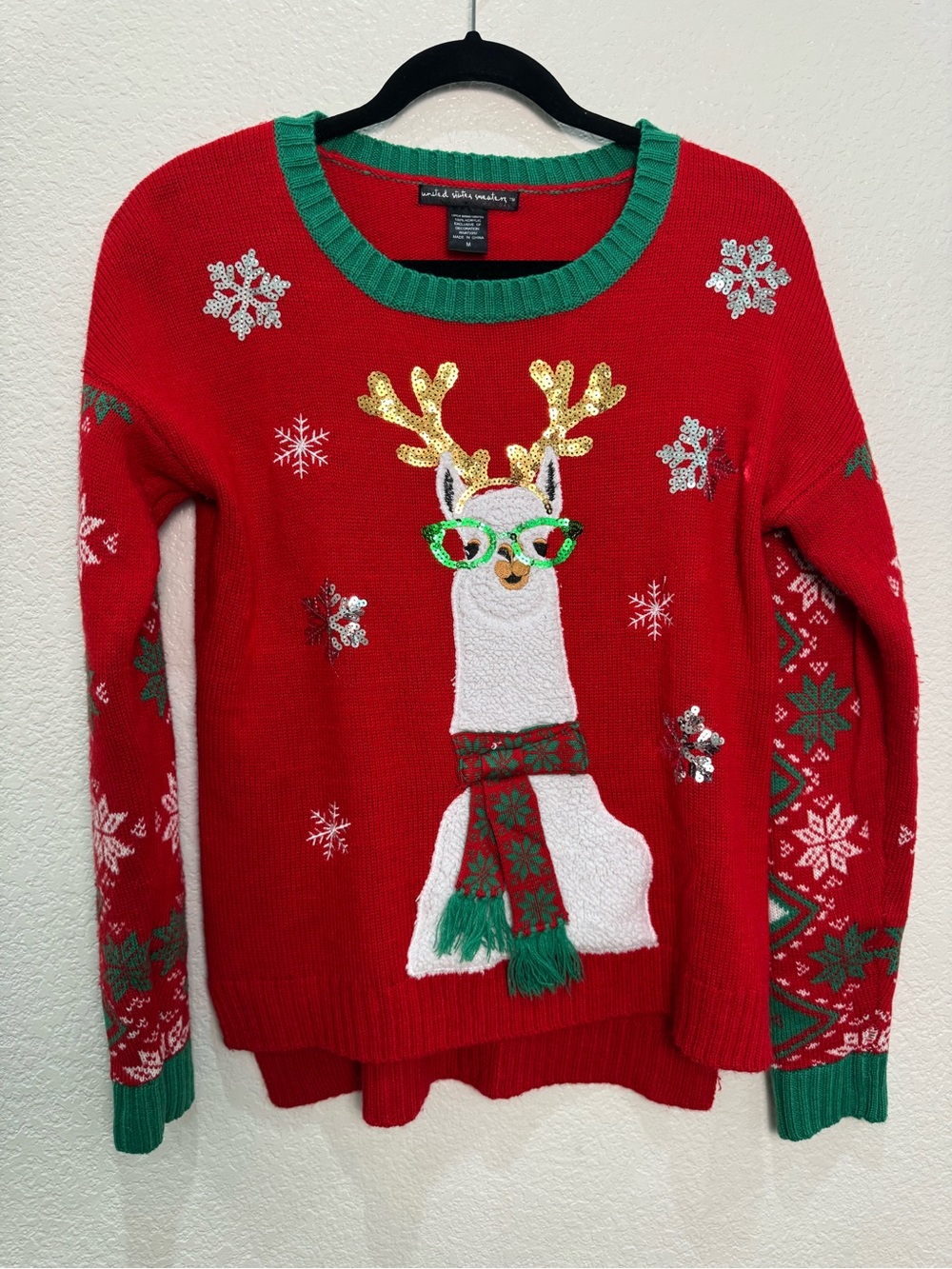 Ugly Christmas Sweater Women M Llama Reindeer Sequin Red Fair Isle Holiday